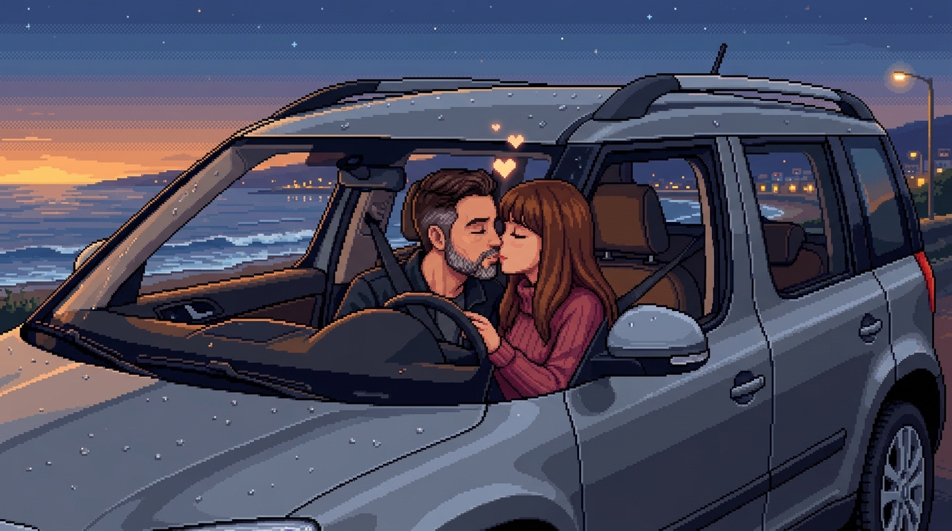 Ilustración retro de Damary y Víctor dándose un beso dentro del Škoda Yeti 2016 gris frente al mar